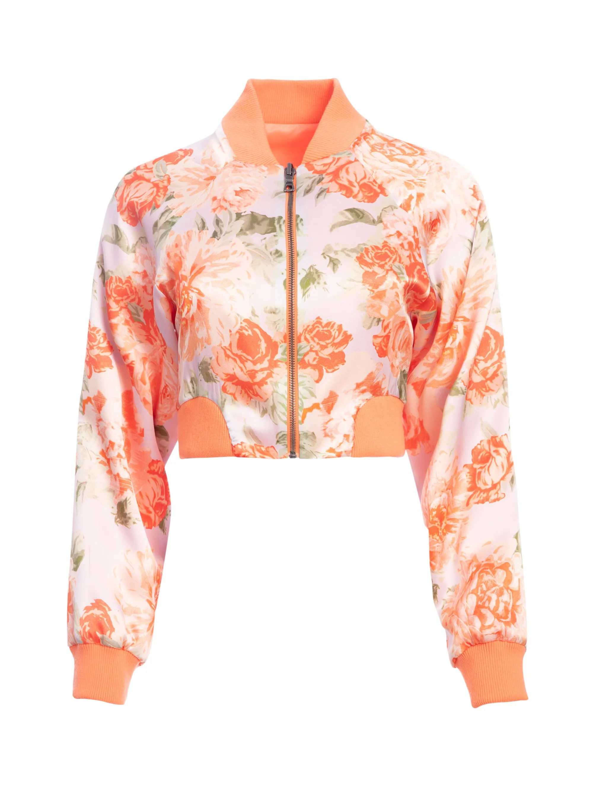 ALICE   OLIVIA - Duke Raglan Sleeve Crop Reversible Bomber in Neon Peach and Posy Garden Orchid