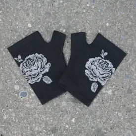 Black hobo length rose print merino fingerless gloves