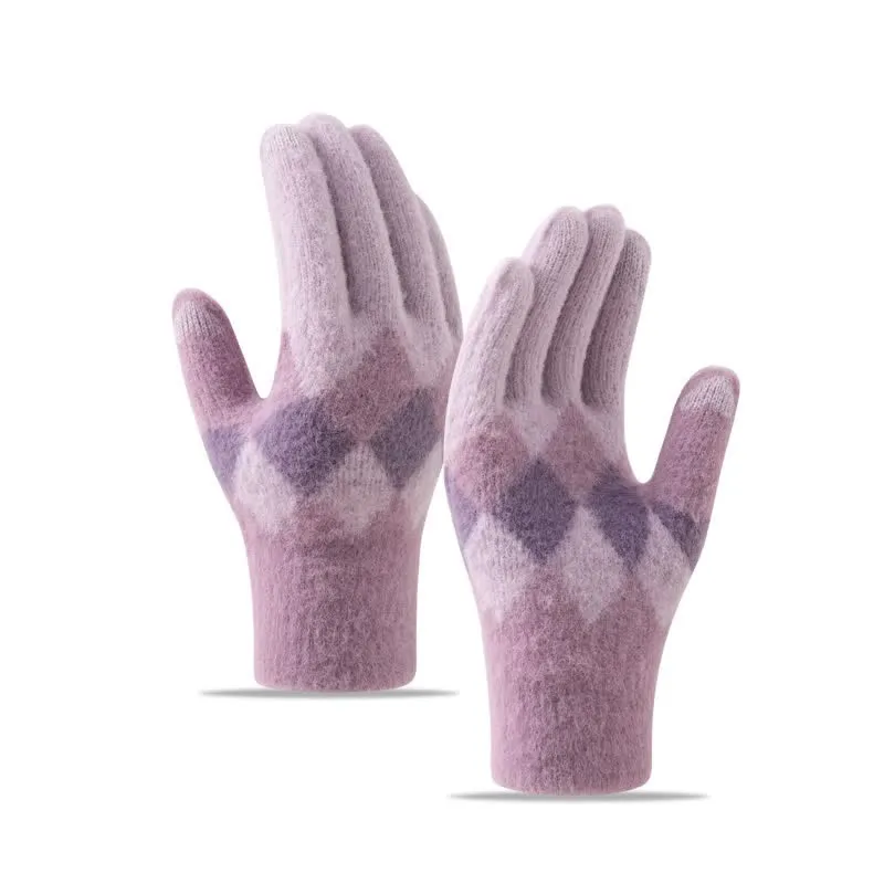 Colorful Diamond Pattern Warm Plush Knitted Gloves