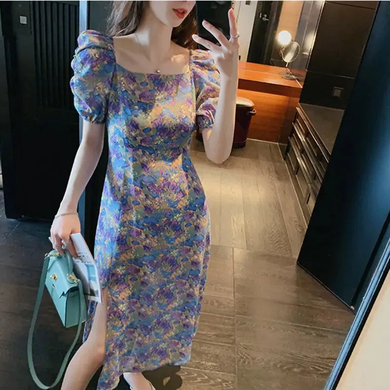 Girlary Floral Print Dress Women Sexy Puff Sleeve Chiffon Party Dress Lady 2020 Summer Elegant Vintage Retro Split Dress Women