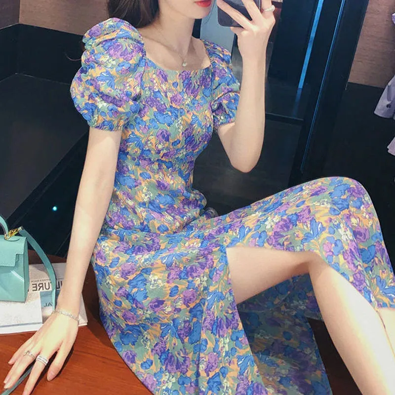 Girlary Floral Print Dress Women Sexy Puff Sleeve Chiffon Party Dress Lady 2020 Summer Elegant Vintage Retro Split Dress Women