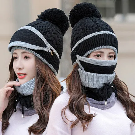 Knitted Hat All-match Mask Bib Plus Velvet Cycling Wool Hat Ear Protection Cap Winter Warm Hat Hip Hop Hat