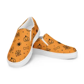 Orange Halloween Ghost Spiders Skeletons Men’s Slip On Canvas Shoes