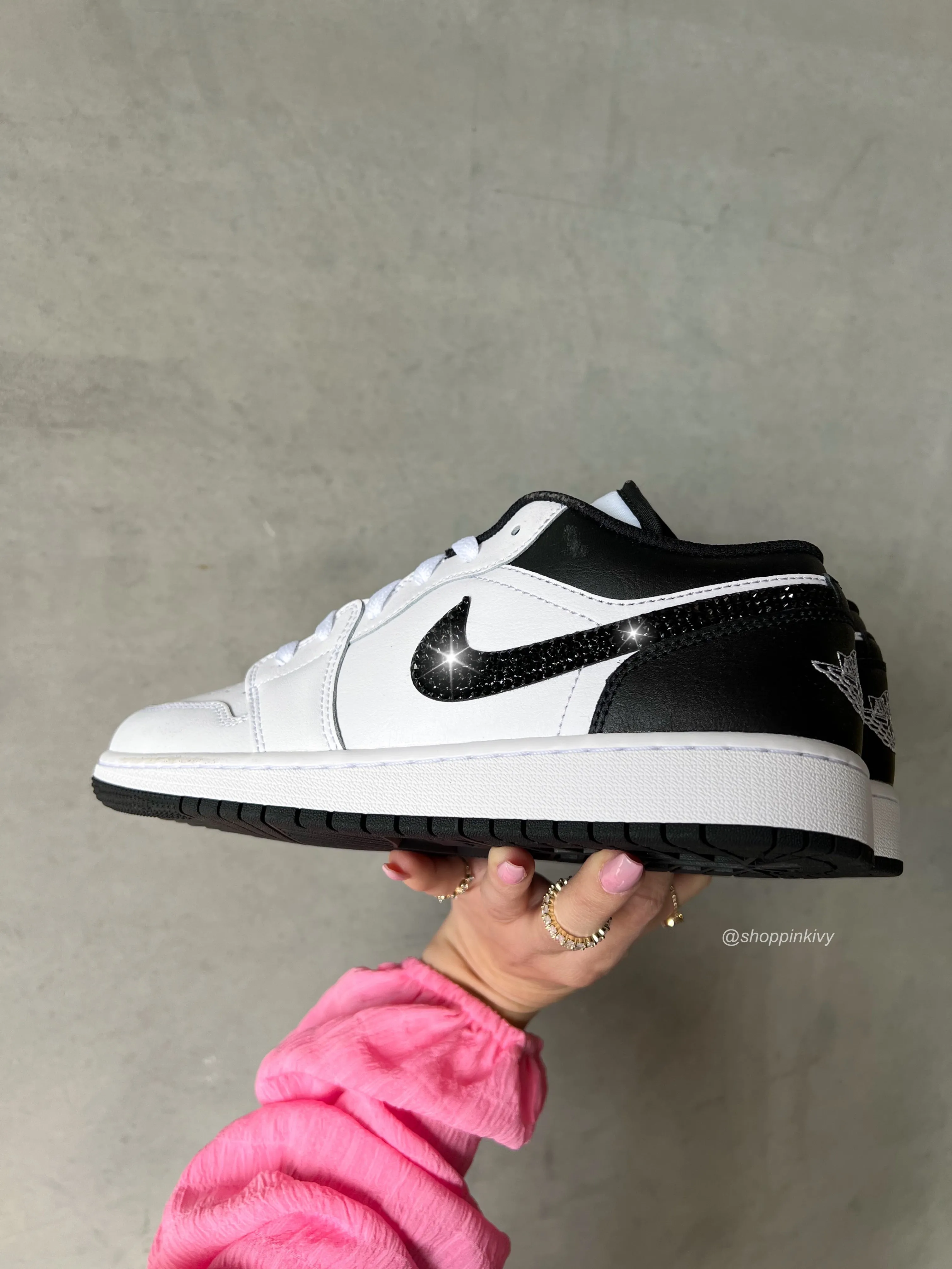 White and Black Swarovski Women’s Air Jordan 1 Low Shoes