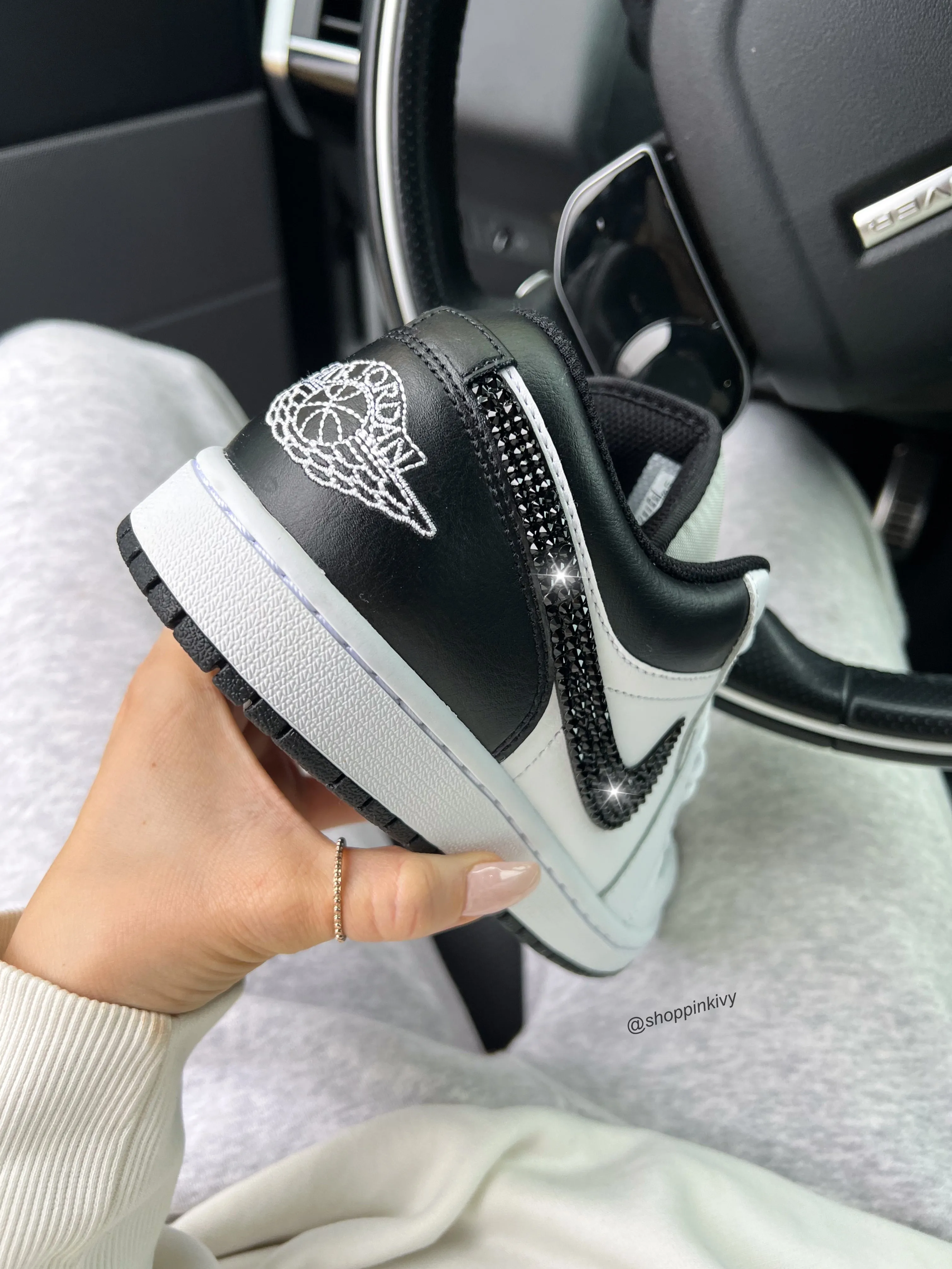 White and Black Swarovski Women’s Air Jordan 1 Low Shoes