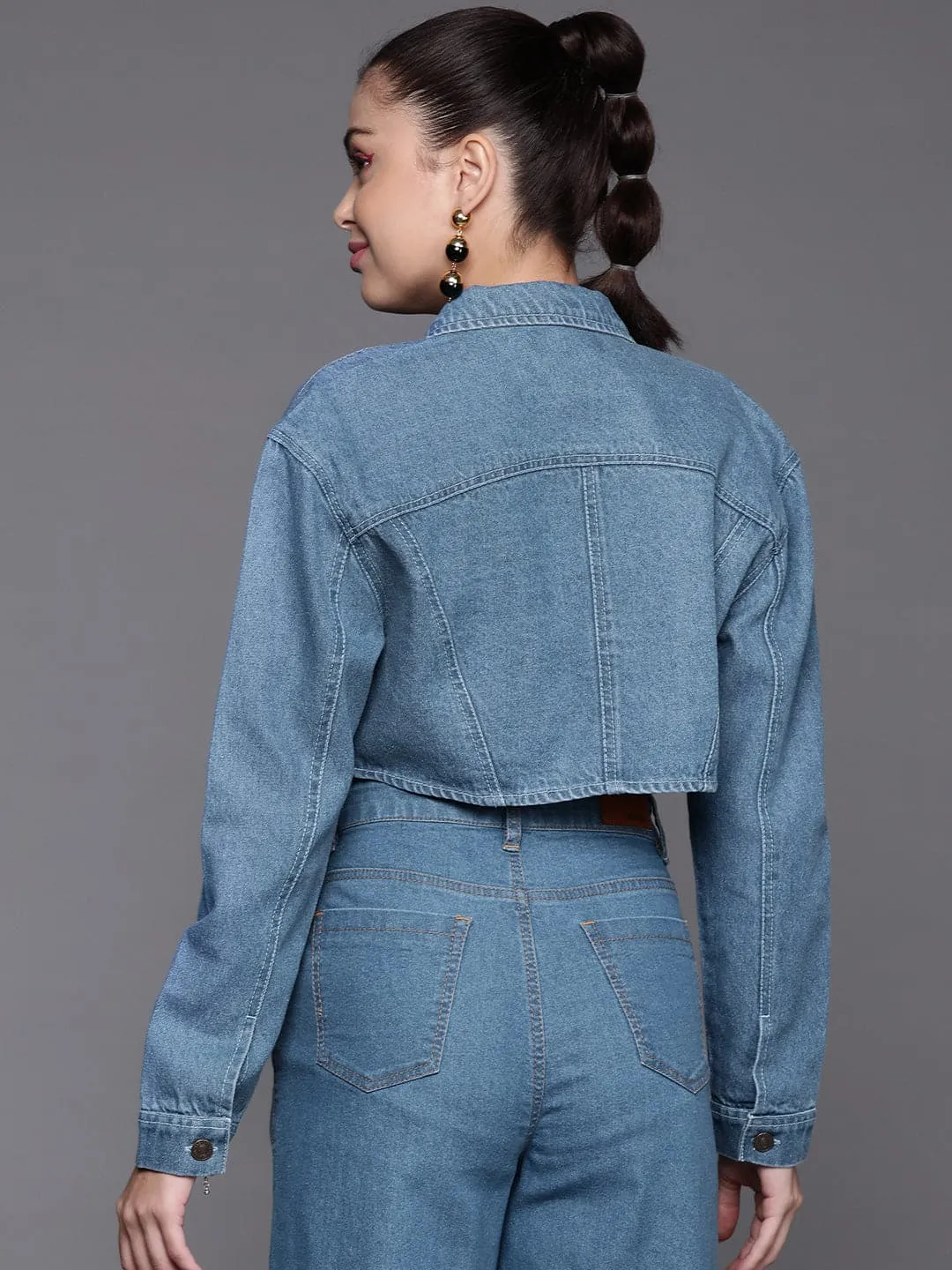 Women Ice Blue Washed Denim Curved Hem Crop Jacket